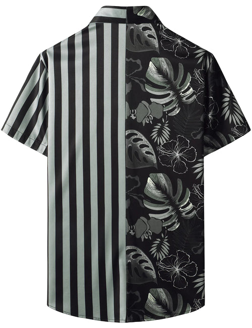 Men's Black Striped & Floral Print Short Sleeve Casual Hawaiian Vacation Beach Shirt