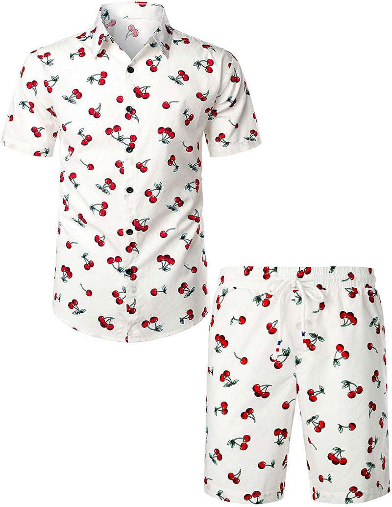 Men's Cherry Print Cotton Hawaiian Shirt & Shorts Set