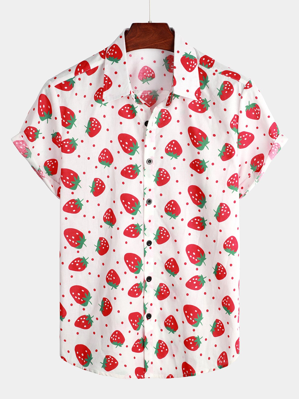 Men's Strawberry Print Fruit Cotton Button up Hawaiian Resort Cotton Collared Shirt