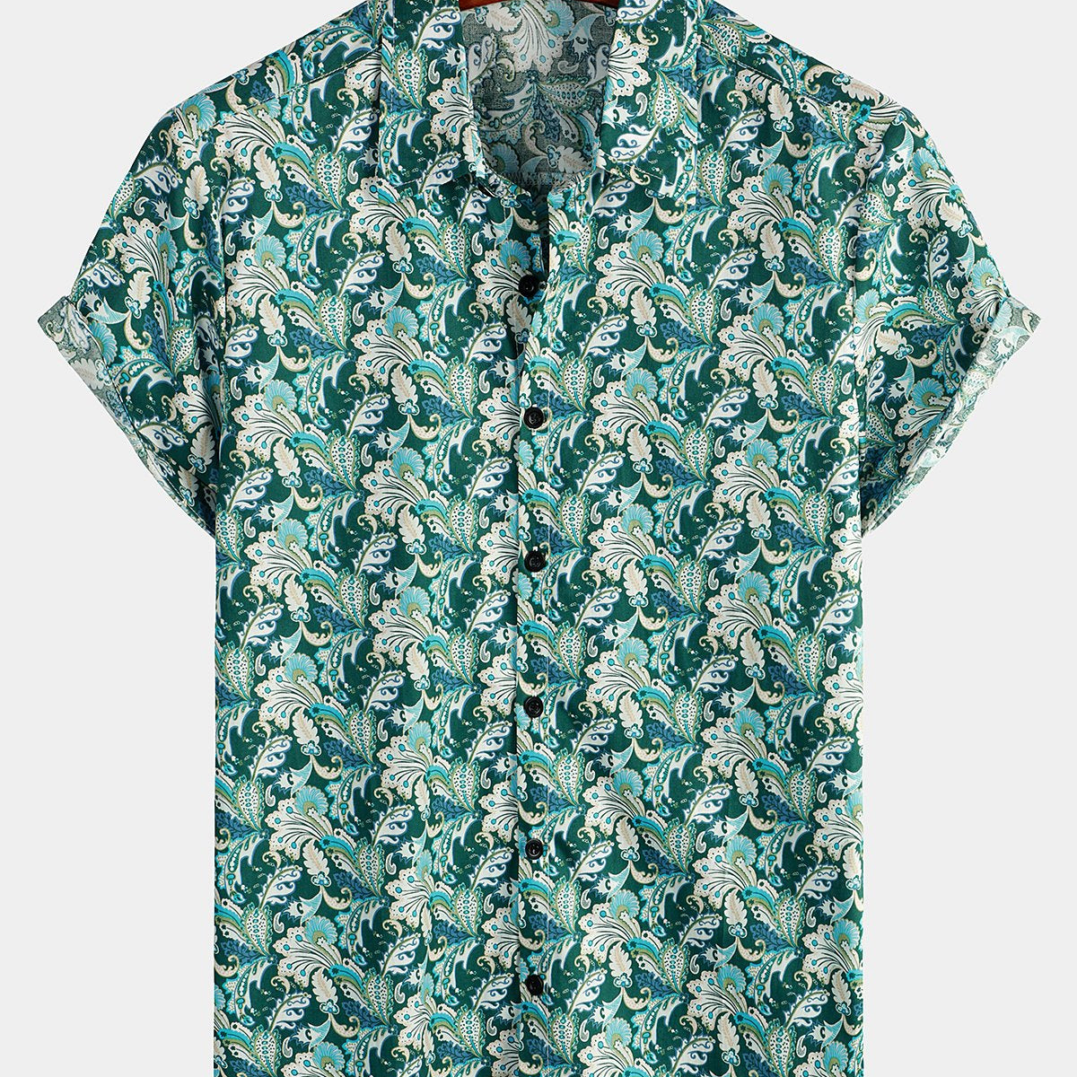 Men's Floral Retro Cotton Tropical Green Hawaiian Short Sleeve Shirt