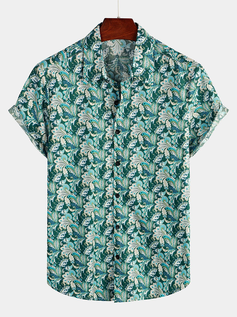 Men's Floral Retro Cotton Tropical Green Hawaiian Short Sleeve Shirt
