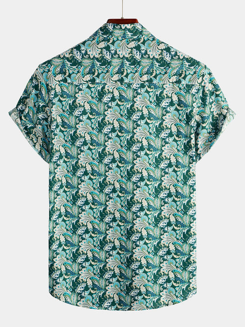 Men's Floral Retro Cotton Tropical Green Hawaiian Short Sleeve Shirt