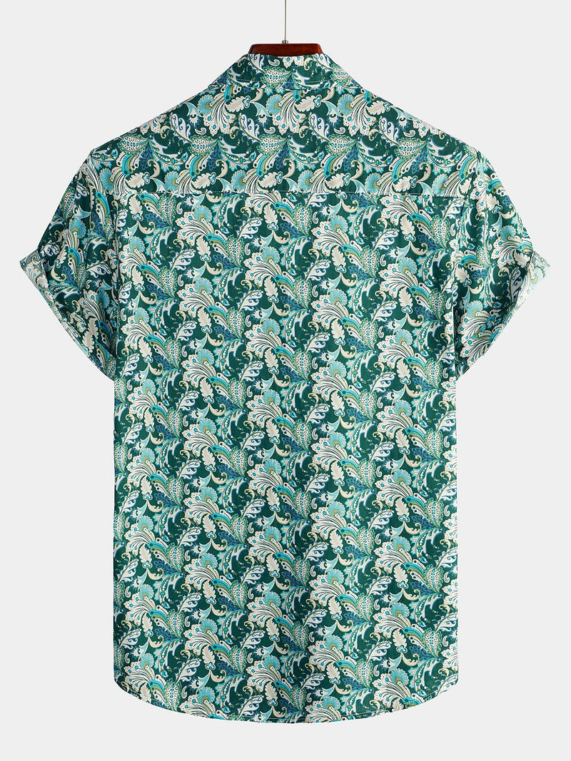 Men's Floral Retro Cotton Tropical Green Hawaiian Short Sleeve Shirt