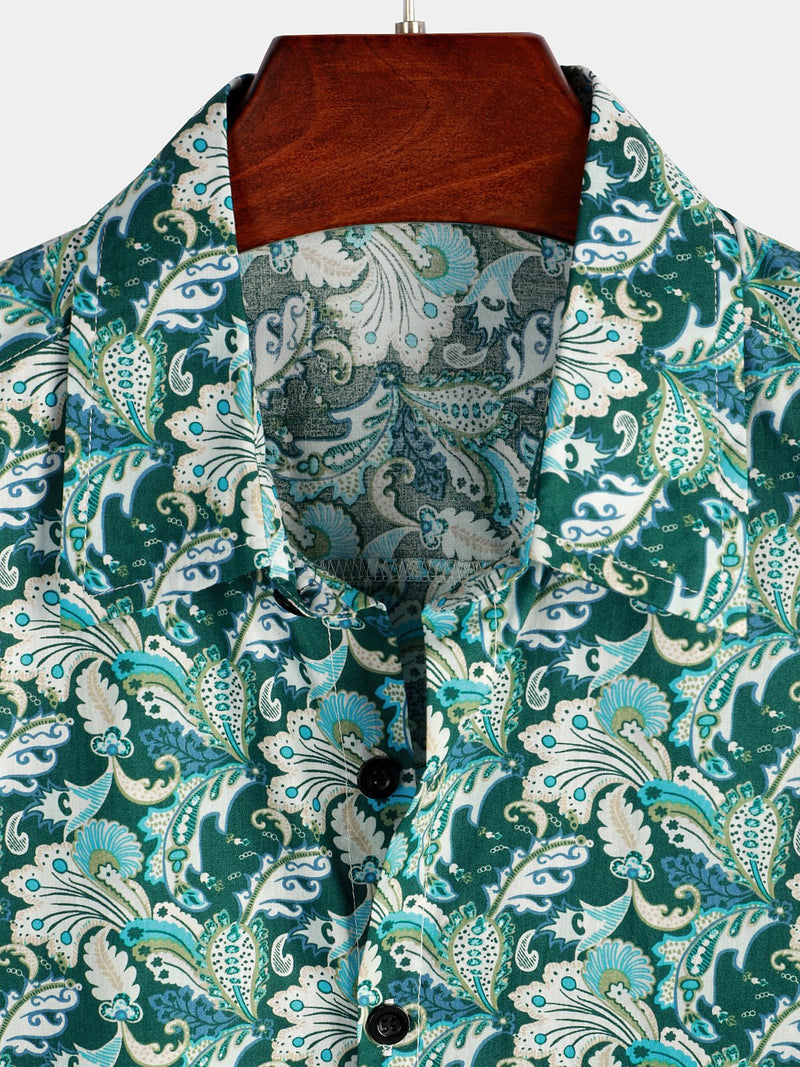 Men's Floral Retro Cotton Tropical Green Hawaiian Short Sleeve Shirt