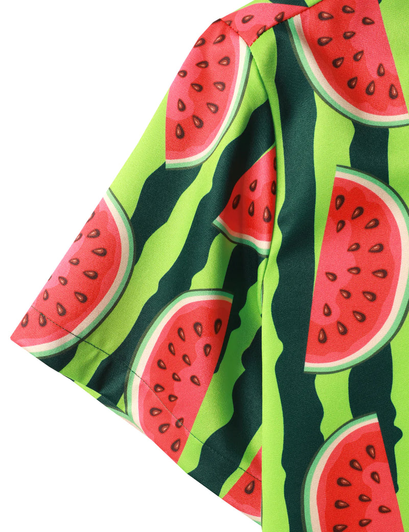 Men's Green Striped & Watermelon Hawaiian Tropical Fruit Summer Button up Short Sleeve Shirt