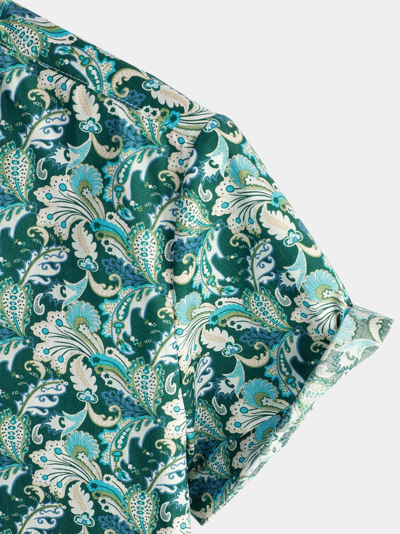 Men's Floral Retro Cotton Tropical Green Hawaiian Short Sleeve Shirt