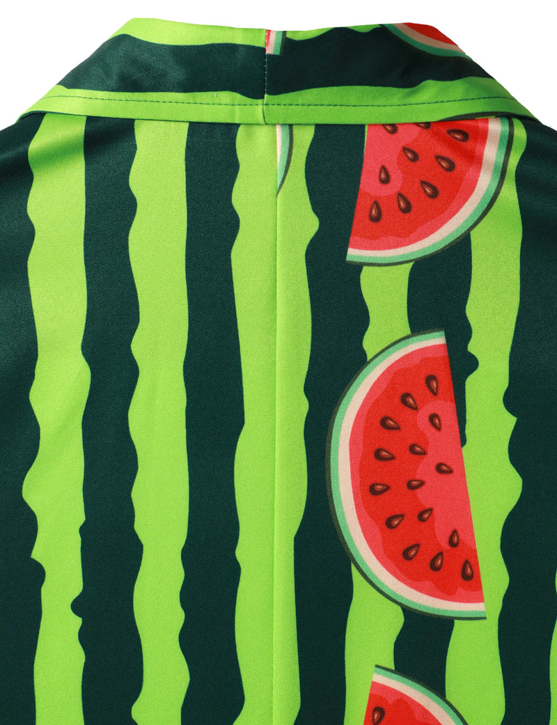 Men's Green Striped & Watermelon Hawaiian Tropical Fruit Summer Button up Short Sleeve Shirt