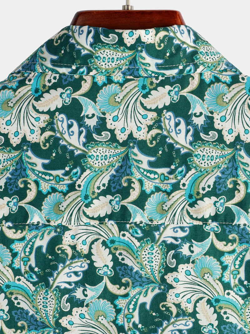 Men's Floral Retro Cotton Tropical Green Hawaiian Short Sleeve Shirt