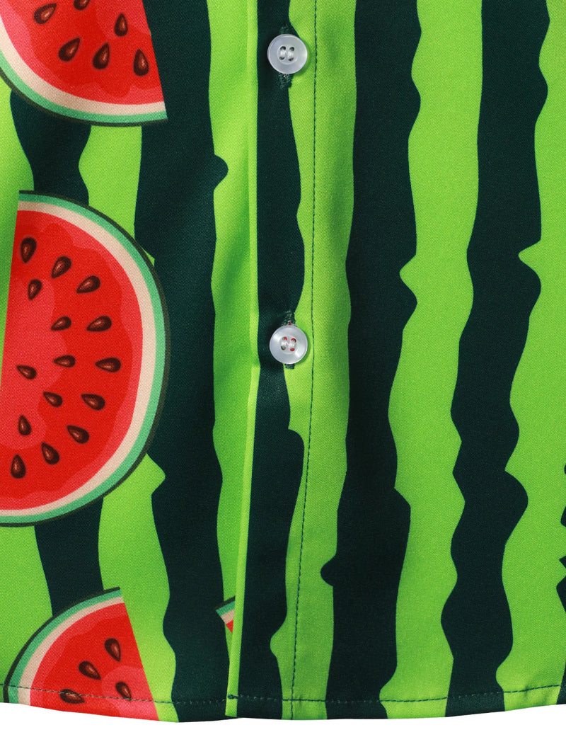 Men's Green Striped & Watermelon Hawaiian Tropical Fruit Summer Button up Short Sleeve Shirt