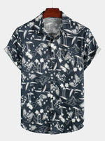 Men's Casual Cotton Pocket Print Navy Blue Short Sleeve Shirt