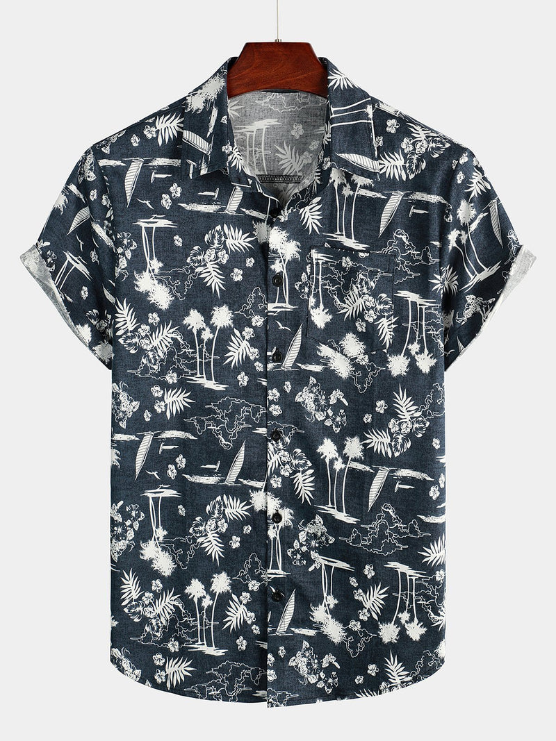 Men's Casual Cotton Pocket Print Navy Blue Short Sleeve Shirt