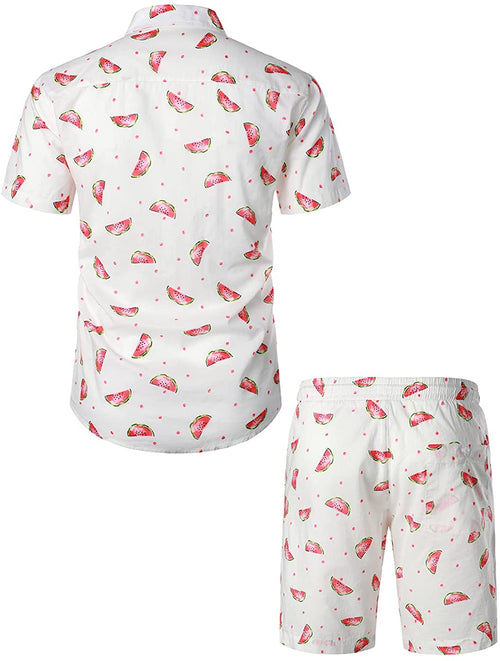 Men's Watermelon Print Cotton Hawaiian Shirt & Shorts Set