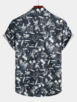 Men's Casual Cotton Pocket Print Navy Blue Short Sleeve Shirt