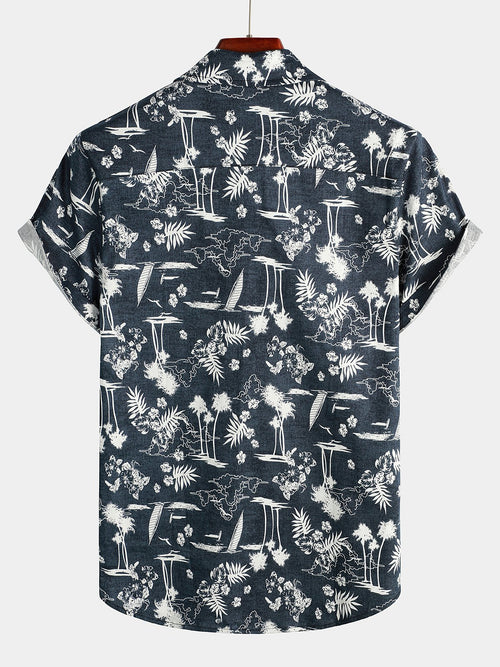 Men's Casual Cotton Pocket Print Navy Blue Short Sleeve Shirt