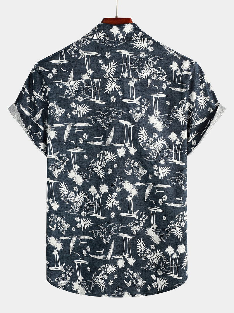 Men's Casual Cotton Pocket Print Navy Blue Short Sleeve Shirt
