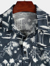 Men's Casual Cotton Pocket Print Navy Blue Short Sleeve Shirt