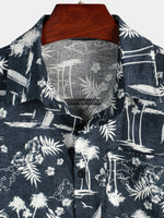 Men's Casual Cotton Pocket Print Navy Blue Short Sleeve Shirt