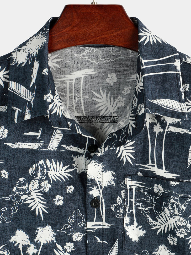 Men's Casual Cotton Pocket Print Navy Blue Short Sleeve Shirt
