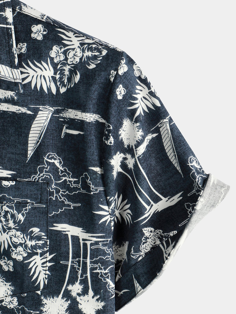 Men's Casual Cotton Pocket Print Navy Blue Short Sleeve Shirt