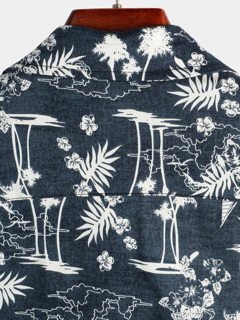 Men's Casual Cotton Pocket Print Navy Blue Short Sleeve Shirt