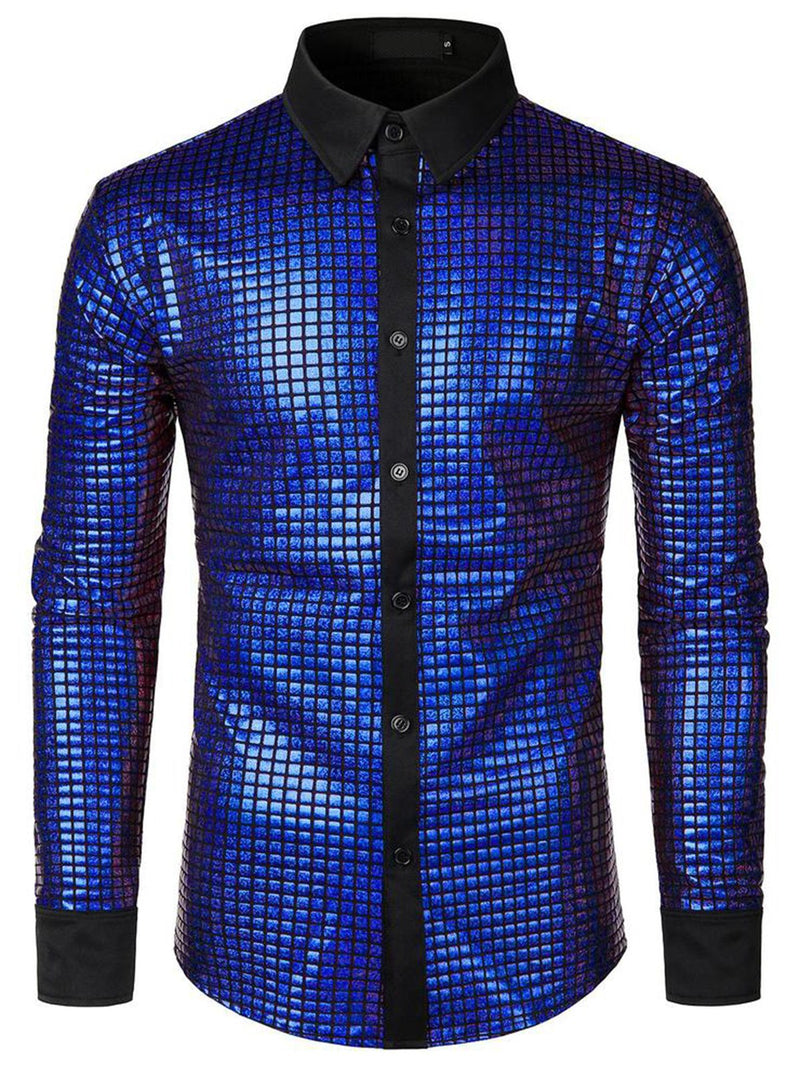Men's Dress Shirt Sequins Button Down Long Sleeve Shirts Disco Party Costume