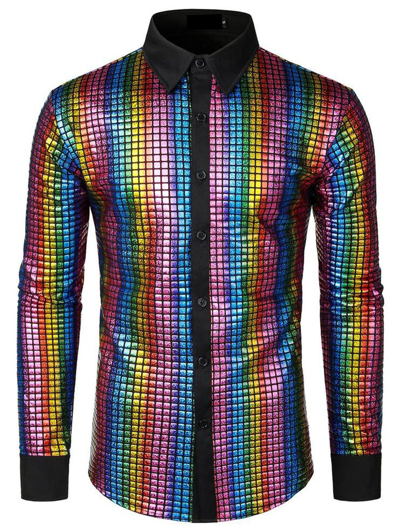 Men's Dress Shirt Sequins Button Down Long Sleeve Shirts Disco Party Costume