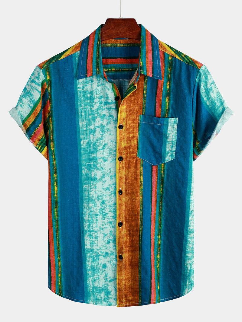 Men's Breathable Cotton Pocket Short Sleeve Striped Shirt