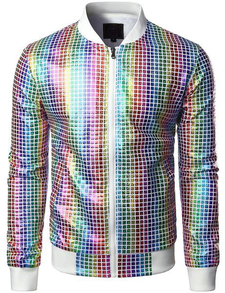 Men's Metallic Sequins Baseball Bomber Jacket Disco Party Costume