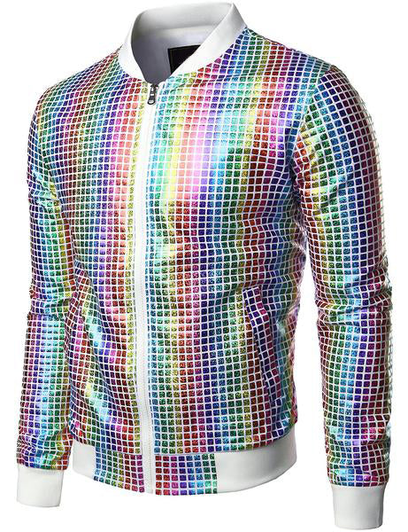 Men's Metallic Sequins Baseball Bomber Jacket Disco Party Costume