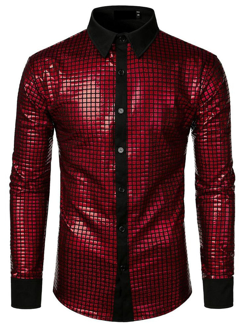 Men's Dress Shirt Sequins Button Down Long Sleeve Shirts Disco Party Costume