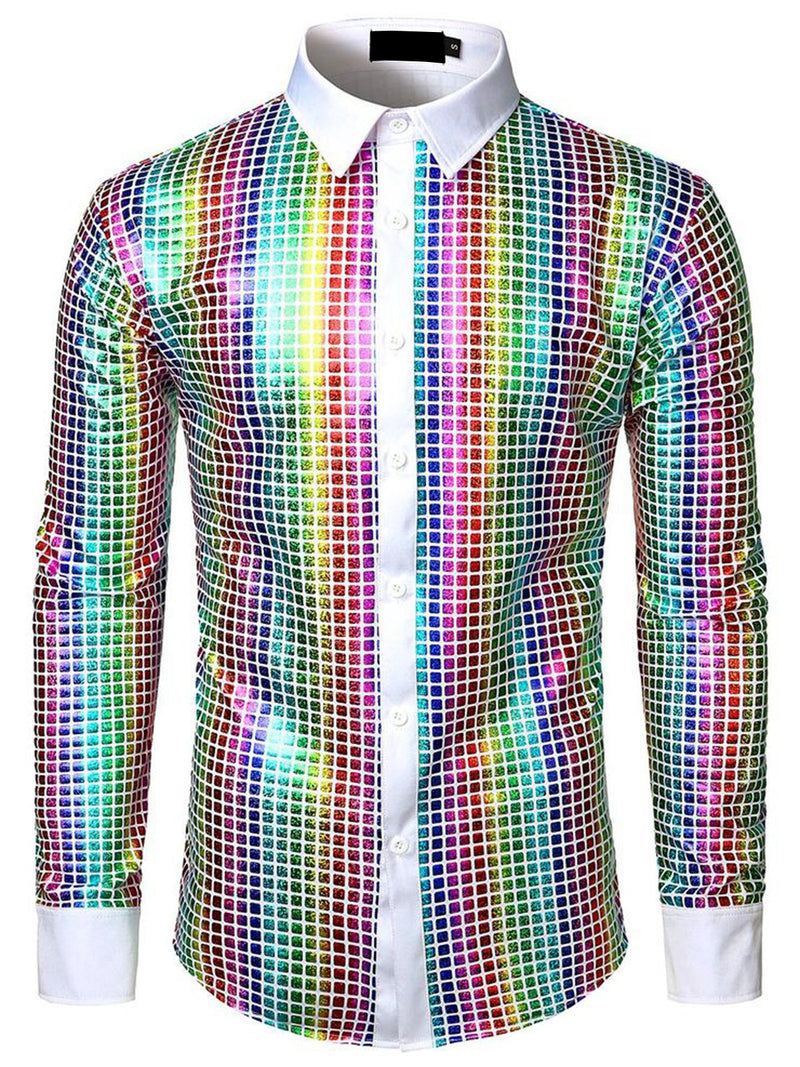 Men's Dress Shirt Sequins Button Down Long Sleeve Shirts Disco Party Costume