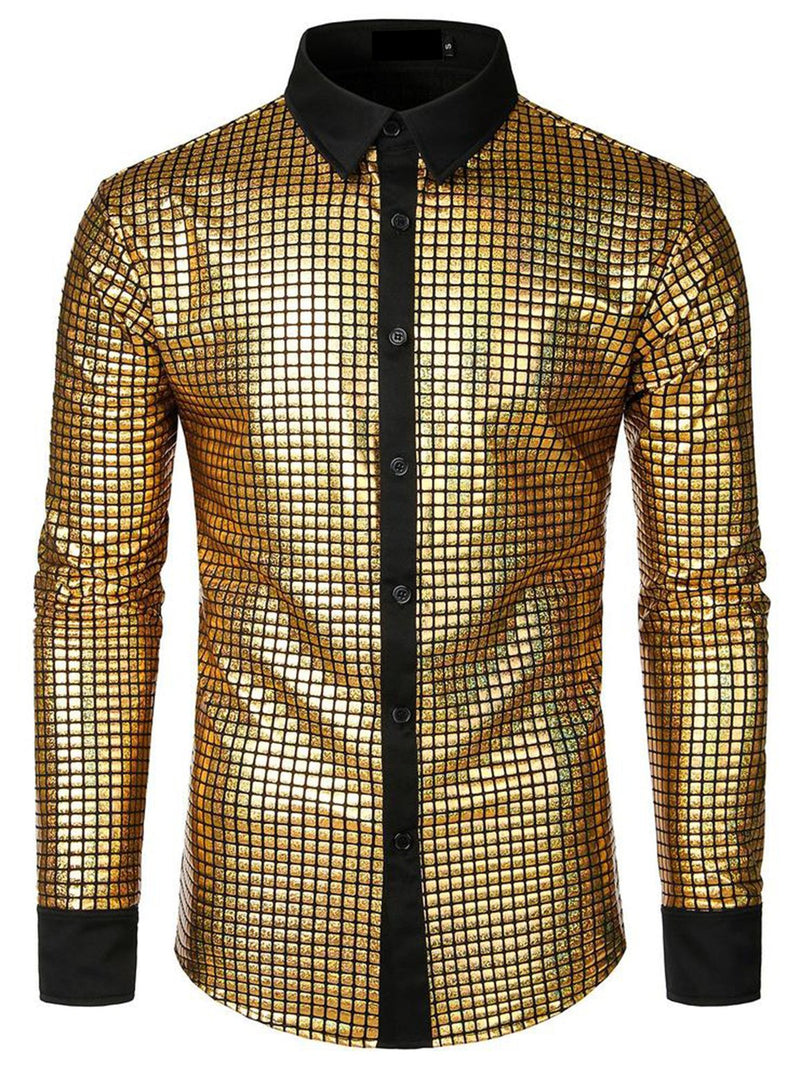 Men's Dress Shirt Sequins Button Down Long Sleeve Shirts Disco Party Costume