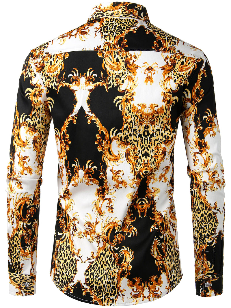 Men's Retro Print Long Sleeve Cotton Casual Button Up Shirt