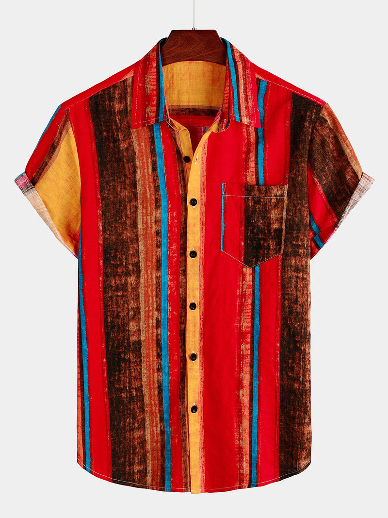 Men's Colorful Breathable Cotton Short Sleeve Striped Shirt