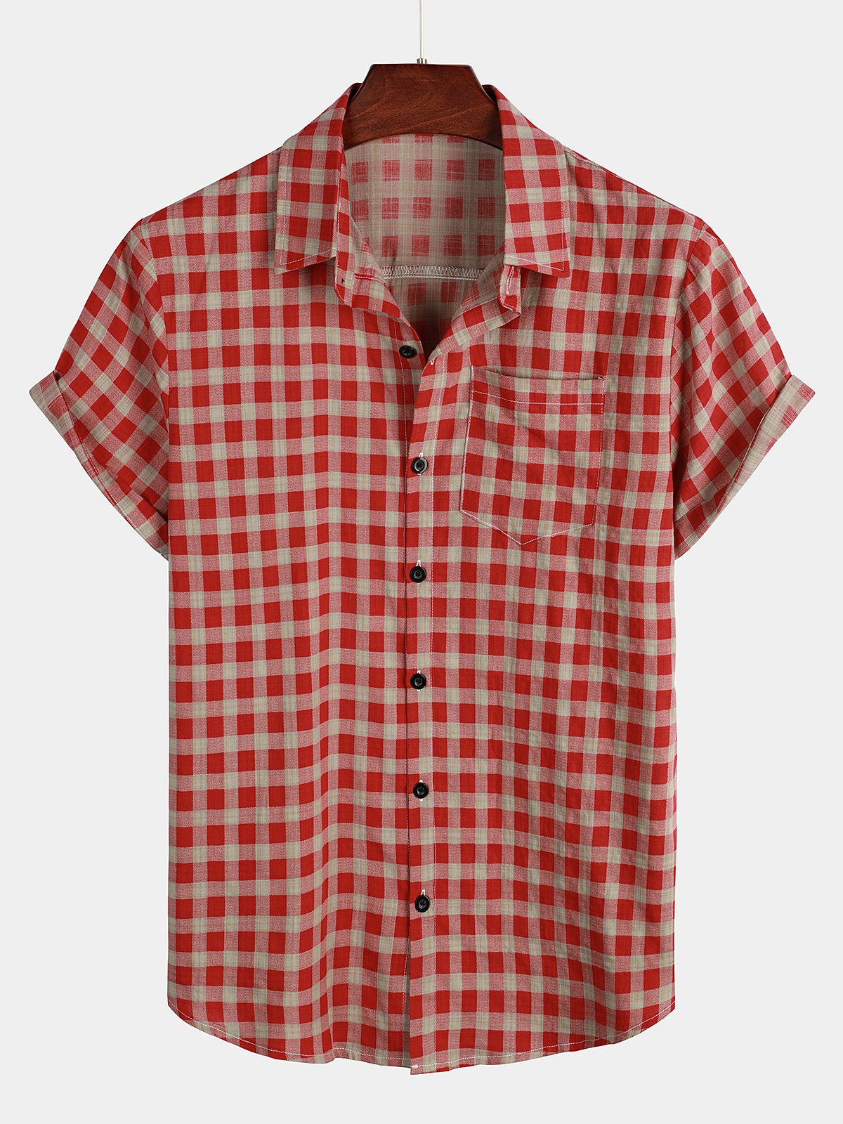 Men's Check Print Cotton Pocket Short Sleeve Shirt