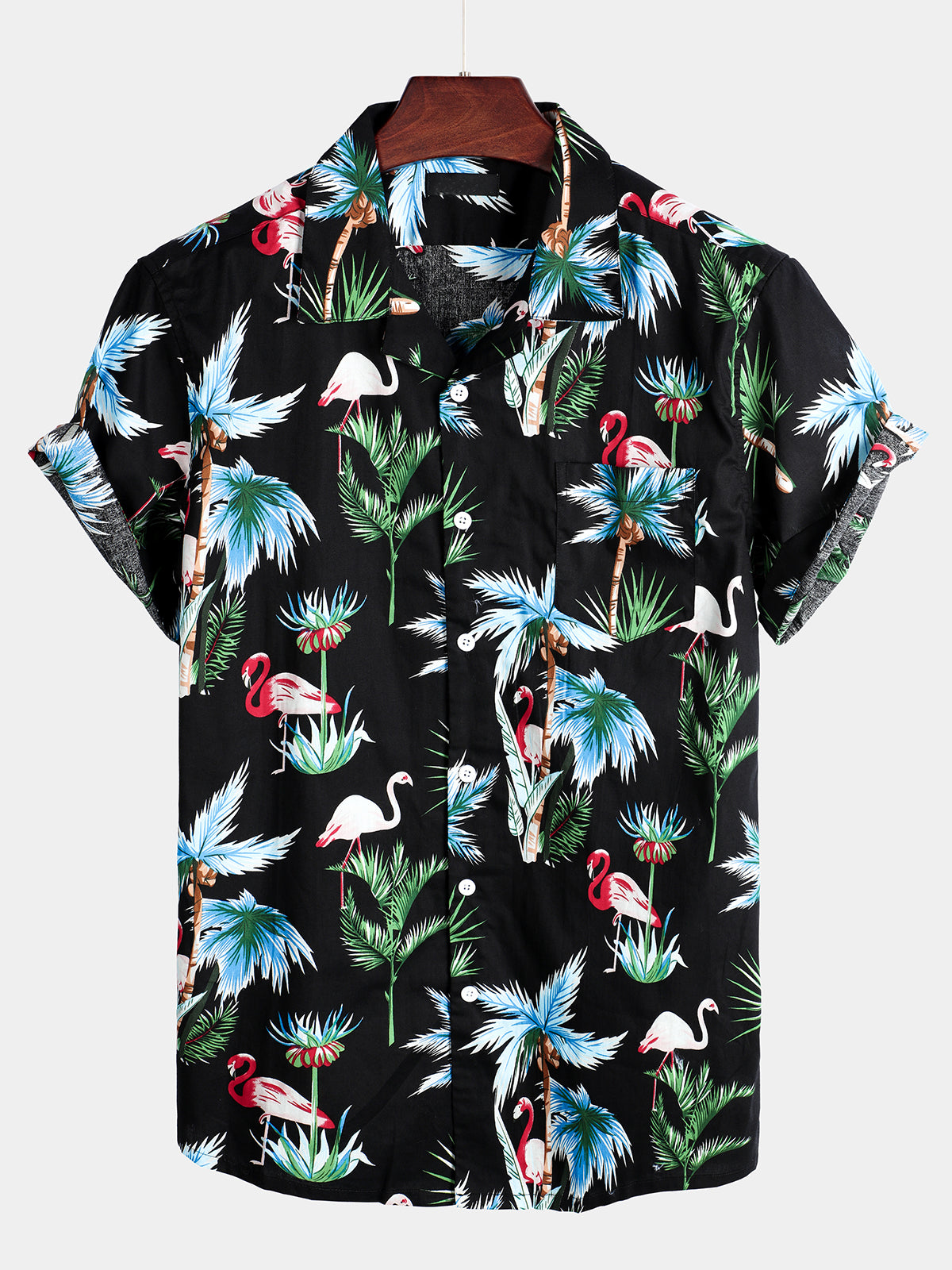 Men's Flamingo Print Cotton Hawaiian Short Sleeve Shirt