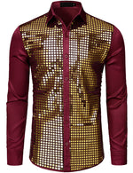 Mens Dress Shirt Silver Sequins Long Sleeve Button Down Disco Shirt Party Costume