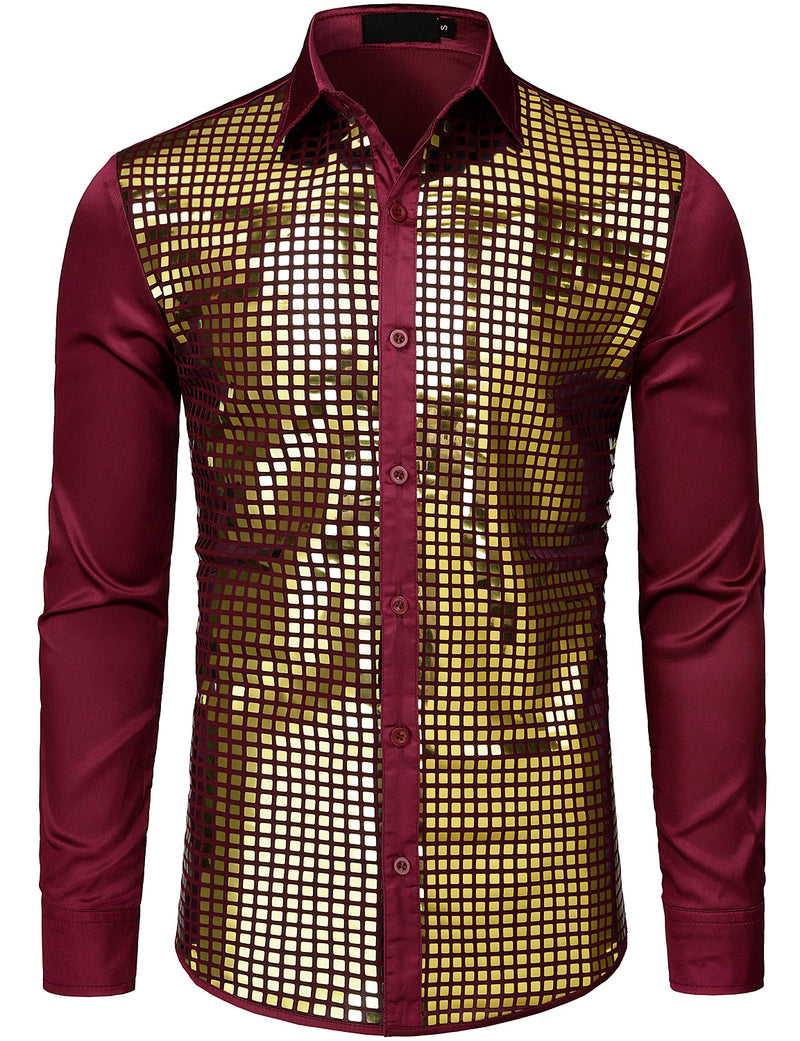 Mens Dress Shirt Silver Sequins Long Sleeve Button Down Disco Shirt Party Costume