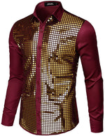 Mens Dress Shirt Silver Sequins Long Sleeve Button Down Disco Shirt Party Costume