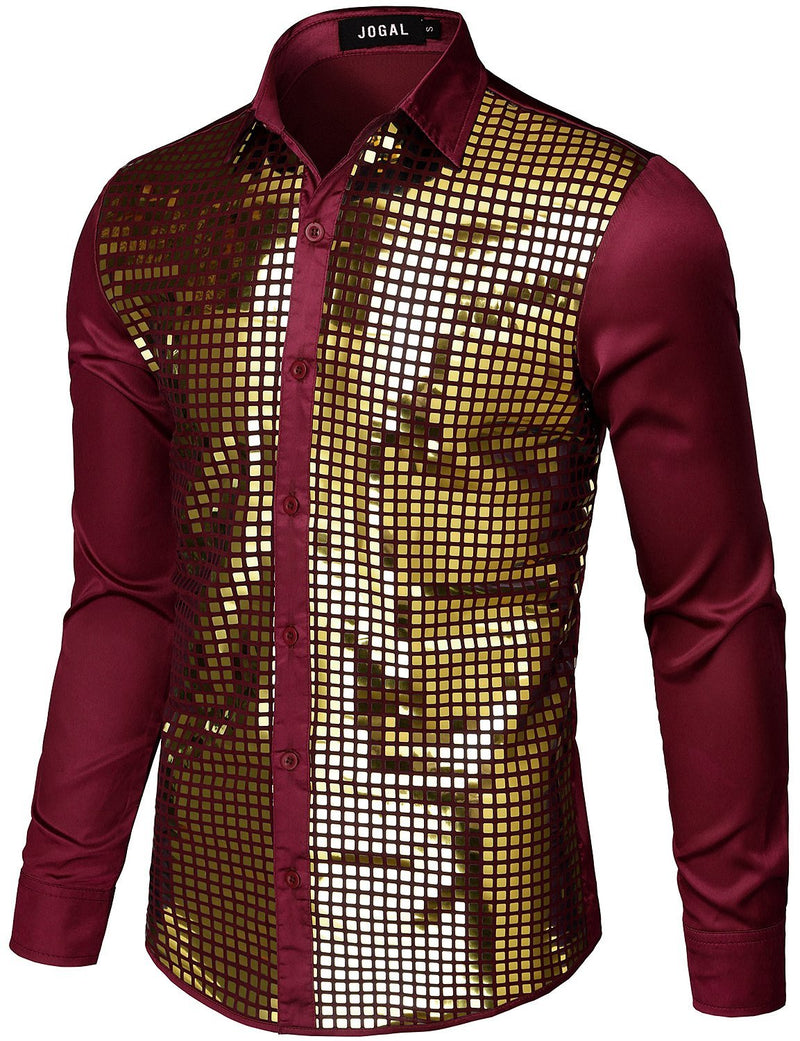 Mens Dress Shirt Silver Sequins Long Sleeve Button Down Disco Shirt Party Costume