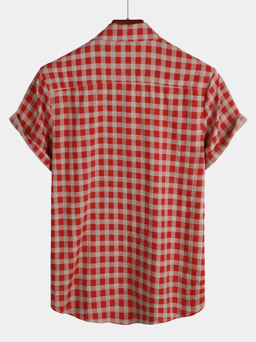 Men's Check Print Cotton Pocket Short Sleeve Shirt