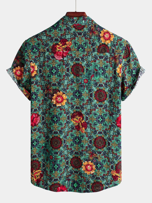 Men's Vintage Floral Print Hawaiian Cotton Short Sleeve Shirt