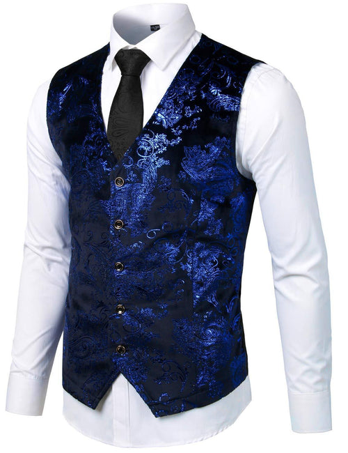 Mens Hipster Metallic Paisley Printed Single Breasted V-Neck Suit Vest/Tuxedo Waistcoat