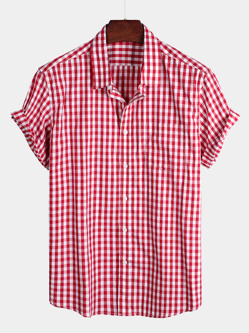 Men's Pink Casual Solid Color Plaid Cotton Pocket Shirt