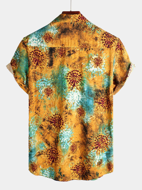 Men's Yellow Vintage Cotton Casual Retro Short Sleeve Shirt
