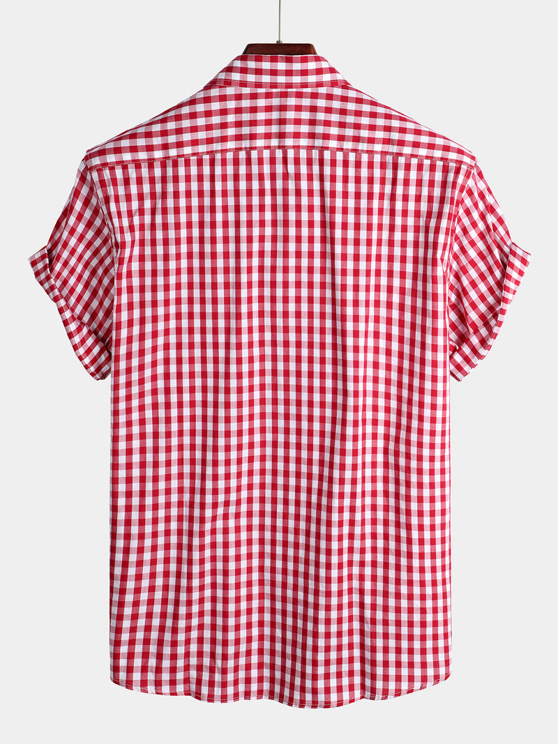Men's Pink Casual Solid Color Plaid Cotton Pocket Shirt