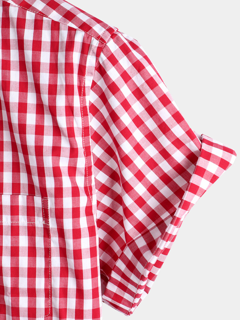 Men's Pink Casual Solid Color Plaid Cotton Pocket Shirt