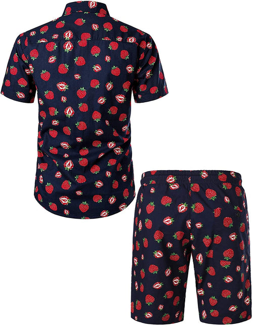 Men's Cotton Strawberry Print Hawaiian Shirt & Shorts Set