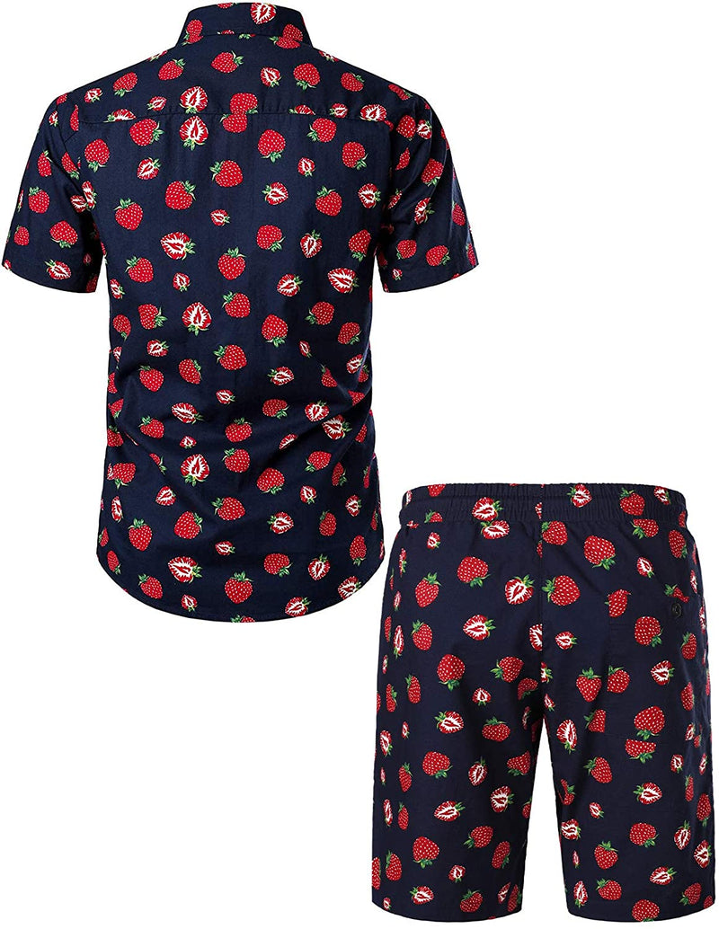 Men's Cotton Strawberry Print Hawaiian Shirt & Shorts Set