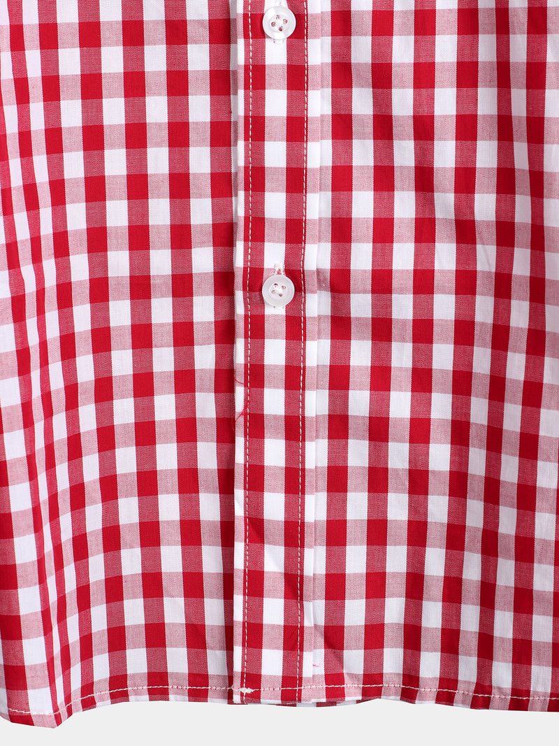 Men's Pink Casual Solid Color Plaid Cotton Pocket Shirt